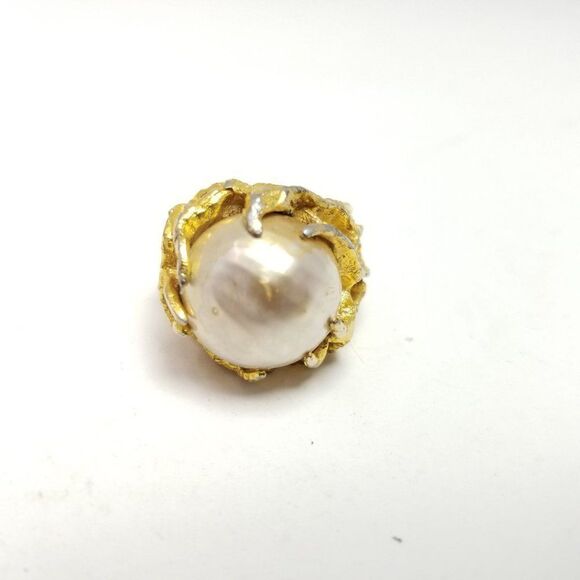 Vintage Big Faux Pearl Cocktail Ring Gold Tone Band, Retro Style Design Size 6.5 - Picture 6 of 6